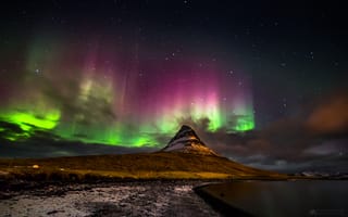 Картинка гора, киркьюфетль, aurora borealis, исландия