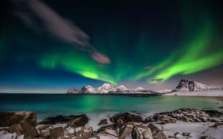 Картинка пейзаж, aurora borealis, лофотенские остарова, северное сияние