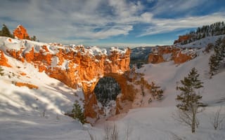 Картинка горы, сша, зима, юта, брайс каньон национальный парк, арка, скалы, снег