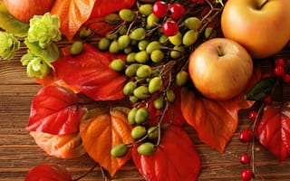 Картинка листья, лесные ягоды, яблок, осень, яблоки, натюрморт, плоды, осен, урожай