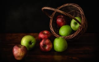 Картинка фрукты, яблоки, зеленые, красные, корзинка, натюрморт