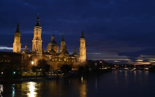 Картинка ночь, базилика-де-нуэстра-сеньора-дель-пилар, река, сарагоса, испания