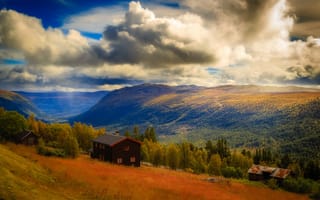 Картинка небо, национальный парк, лес, облака, хардангервидда, дом, горы, норвегия
