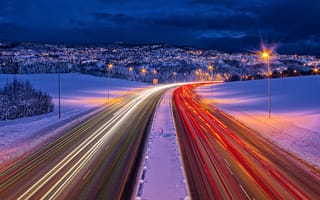 Картинка дорога, winter, lights, roads, trondheim, зима, norway, выдержка, норвегия