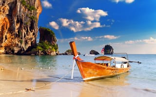 Картинка скалы, таиланд, лодка, пляж, море