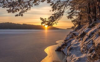 Картинка озеро, зима, утро, рассвет, sweden, швеция