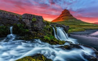 Картинка свет, утро, исландия, горы, водопад, гора kirkjufell, вечер