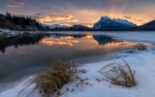 Картинка озеро, закат, отражение, зима, горы