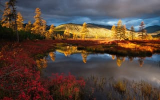 Картинка свет, лес, озеро, россия, деревья, горы, осень