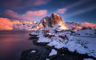 Картинка горы, лофотенские острова, норвегия, фьорд, поселок