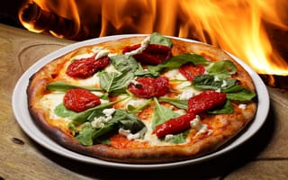 Картинка огонь, пицца, помидоры, руккола
