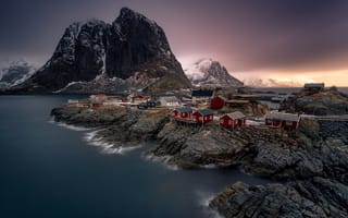 Картинка горы, фьорд, скалы, норвегия, лофотенские острова, поселок