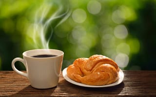 Картинка утро, доброе утро, горячая, завтрак, чашка, круассан, coffee cup, кофе