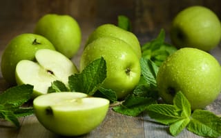Картинка мята, зеленые, яблоки, макро, фрукты