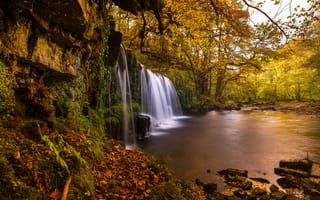 Картинка деревья, sgwd ddwli uchaf, водопад, уэльс, brecon beacons national park, осень, река, национальный парк брекон-биконс, англия