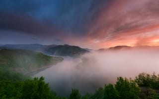 Картинка свет, река, туман, вечер, утро, природа, горы