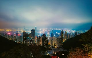 Картинка ночь, гон-конг, небоскребы, панорама, вид, китай, огни, дома