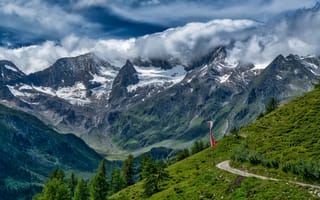 Обои дорога, горы, швейцария, склон, альпы, облака, ущелье, скалы, долина, трава, деревья