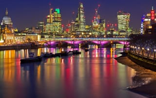 Картинка ночь, дома, река, мост, огни, лондон, англия