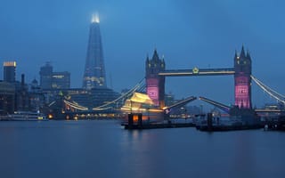 Картинка река, башня, англия, темза, туман, тауэрский мост, лондон