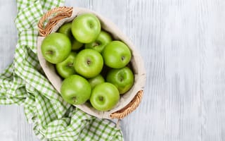 Обои еда, корзинка, зеленые, фрукты, яблоки