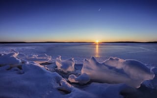 Картинка небо, lake karijärvi, лёд, финляндия, озеро, зима, закат, горизонт