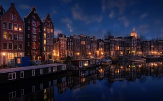 Картинка огни, город, амстердам, канал, нидерланды, вечер