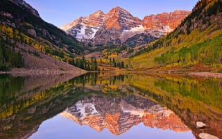 Картинка озеро, осень, отражение, гора, сша, утро
