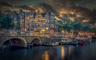Картинка мост, лодки, причал, канал броуверсграхт, амстердам, нидерланды, brouwersgracht, здания, канал