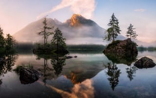 Картинка деревья, daniel fleischhacker, восход, природа, туман, озеро, горы, отражение, альпы, пейзаж
