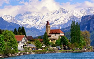 Картинка озеро, горы, энгельбергское озеро, швейцария, дома, люцерн
