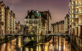 Картинка ночь, гамбург, канал, дома, германия, мост, огни