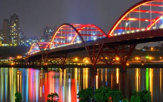 Картинка ночь, синьбэй, огни, мост, мост гуанду, отражение, китай