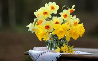 Картинка цветы, весна, стол, нарциссы, салфетка, ваза