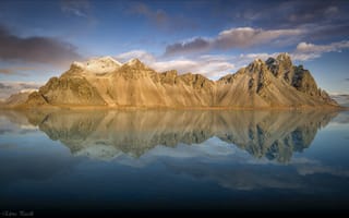 Картинка небо, пейзаж, озеро, облака, горы, исландия, auster-skaftafellssysla, отражение, vestrahorn