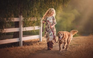 Картинка собака, дети, лицо, edie layland, country girl with dog, золотистый ретривер, волосы, девочка