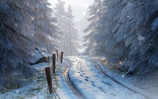 Картинка дорога, снег, следы, пейзаж, зима, арт, природа, лес, картина, живопись, деревья