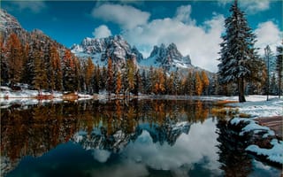 Картинка озеро, осень, пейзаж, горы, зима, лес, природа