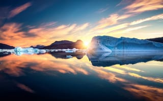 Картинка восход, пейзаж, гренландия, льды, солнце, море, лёд