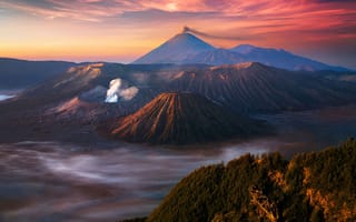 Обои горы, вулкан, природа, туман, закат, восход, индонезия, jawa, ява, бромо