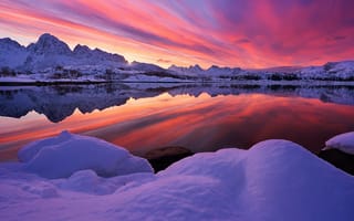 Обои озеро, пейзаж, горы, норвегия, закат, лофотенские острова, зима, природа