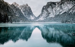 Картинка вода, отражение, снег, озеро, природа, зима