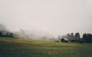 Картинка горы, утро, природа, пейзаж, домик, туман, ферма