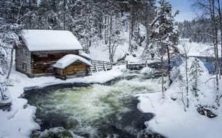 Картинка деревья, сугробы, финляндия, река, хижина, снег, зима