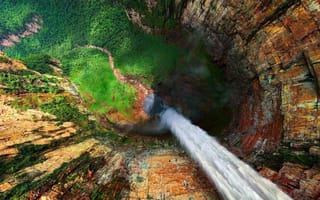 Картинка природа, водопад анхель, венесуэла, лес, каньон, пейзаж, гора рорайма, скала, вид сверху, водопад