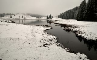 Картинка река, снег, деревья, зима