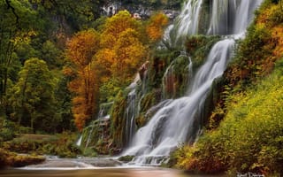 Обои река, водопад, лес, осень, природа