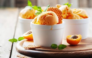 Картинка мята, десерт, персики, сладкое, абрикос, вафли, мороженое