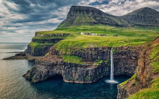 Картинка скалы, дания, паксмурно, водопад, природа, море, фарерские острова