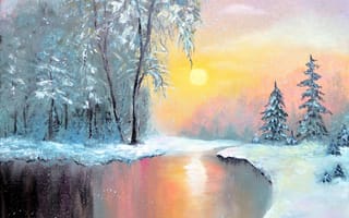 Картинка арт, зима, закат, озеро, живопись, пейзаж